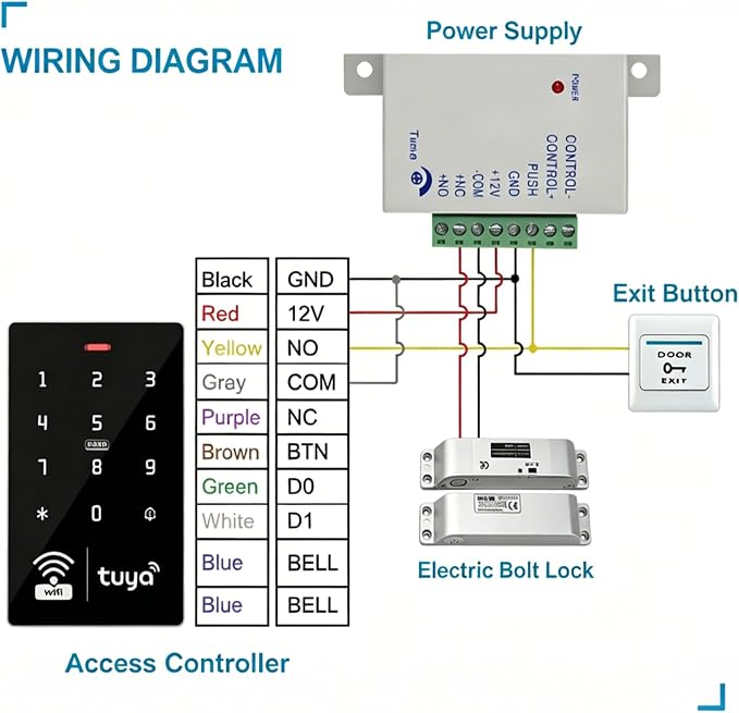 LIBO Tuya WiFi Access Control System Kit with Electric Bolt Lock | IP68 Weatherproof Keypad, DC12V Power Supply, Exit Button, 10 IC Key Fobs for Home, Office & Business