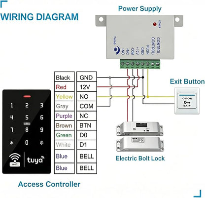 LIBO Tuya WiFi Access Control System Kit with Electric Bolt Lock | IP68 Weatherproof Keypad, DC12V Power Supply, Exit Button, 10 IC Key Fobs for Home, Office & Business