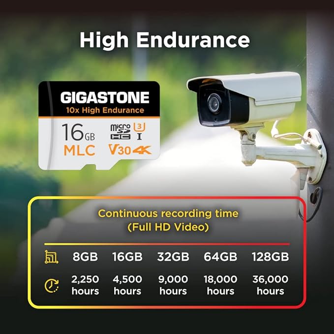 [10x High Endurance] GIGASTONE Industrial 16GB MLC Micro SD Card 2-Pack, 4K Video Recording, Security Cam, Dash Cam, Surveillance Compatible 95MB/s, U3 C10, with Adapter [5-Yrs Free Data Recovery]