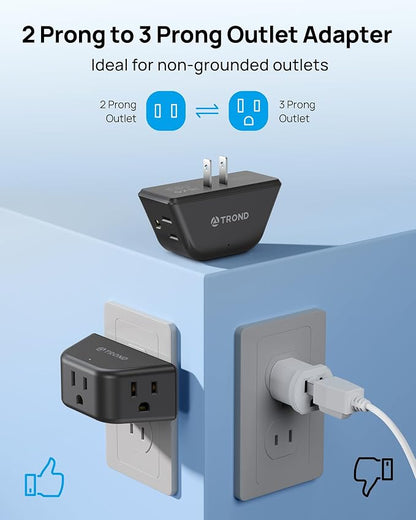 TROND 2 Prong to 3 Prong Outlet Adapter for Old House | 3-Sided Design Plug Extender with 3 AC Sockets, Wall Splitter for Non-Grounded Outlets in Bathroom Kitchen Travel, Black