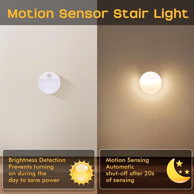 Guankai 12 Pack Motion Sensor Stair Light for Indoor, Battery Operated Night Lights, Led Stick On Puck Lighting Closet Lamp, Motion Activated Lamps for Step, Cabinet, Hallway, Bathroom