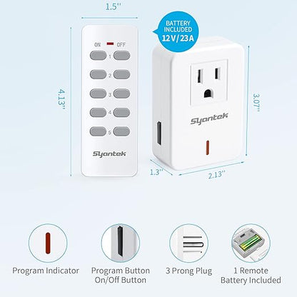 Syantek Remote Control Outlet Wireless Light Switch for Household Appliances, Expandable Remote Light Switch Kit, Up to 100 ft Range, FCC Certified, ETL Listed, White (3-1)