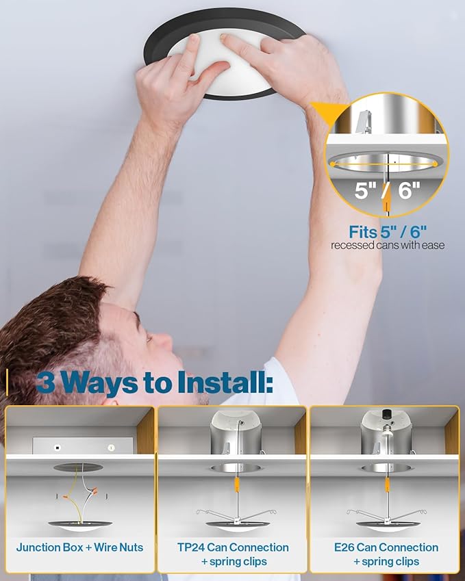 Sunco 12 Pack 6 Inch LED Disk Lights, Flush Mount Black Disc Recessed Ceiling Can Lighting, 1050 LM, Selectable CCT 2700K/3000K/4000K/5000K/6000K, Dimmable, 15W=100W, Wet Rated ETL