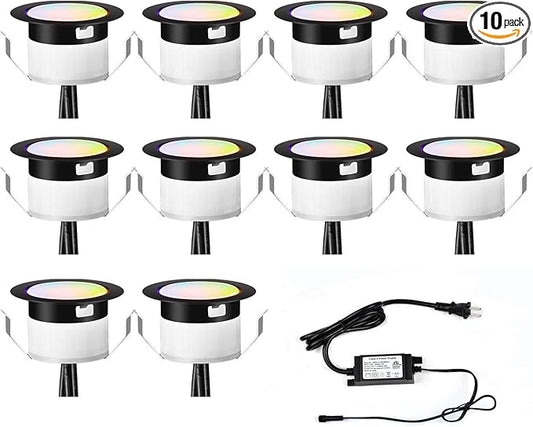 FVTLED WiFi LED Deck Lights Kit RGBW, 10pcs Φ1.77 Smart Phone Control Low Voltage Recessed Muticolor & Warm White Soffit Yard Path Stair Decor Lamp Fit for Alexa Google Home, Black Shell