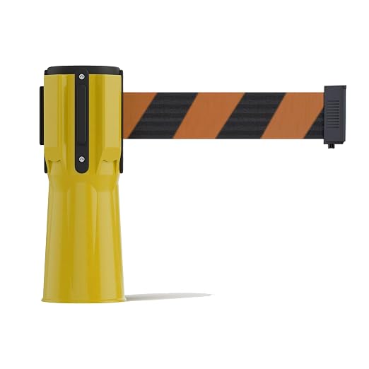 Trafford Industrial 11 Ft. Cone-Mounted Retractable Belt Barrier Yellow Case with Black and Orange Diagonal Belt