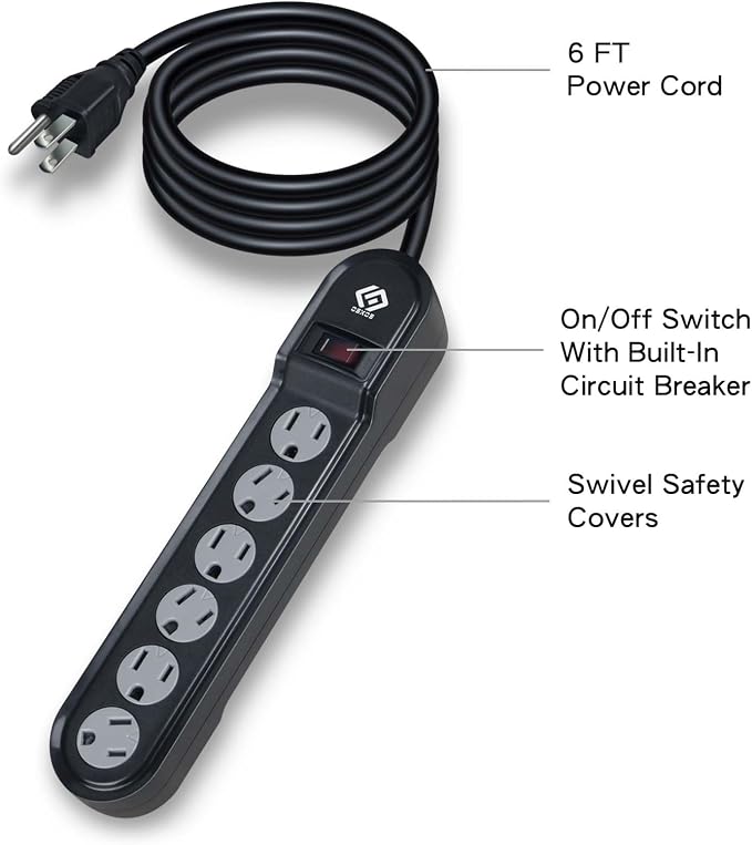 OSKOS Surge Protector Power Strip, 6 outlets, 500 Joules, 6FT Extension Cord, UL Listed,15A Circuit Breaker, Wall Mountable.