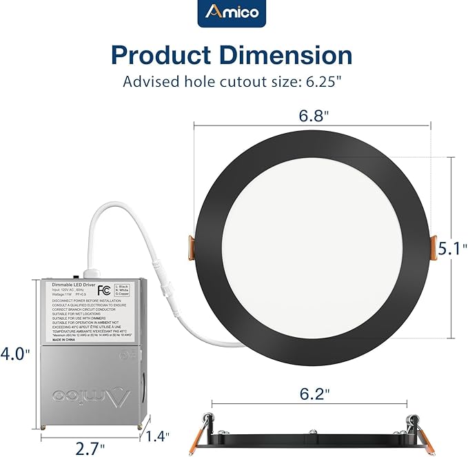 Amico 6 Pack 6 Inch 5CCT Ultra-Thin LED Recessed Ceiling Light with Junction Box, 2700K/3000K/3500K/4000K/5000K Selectable, 12W Eqv 110W, Dimmable Canless Downlight, 1050LM High Brightness,Black