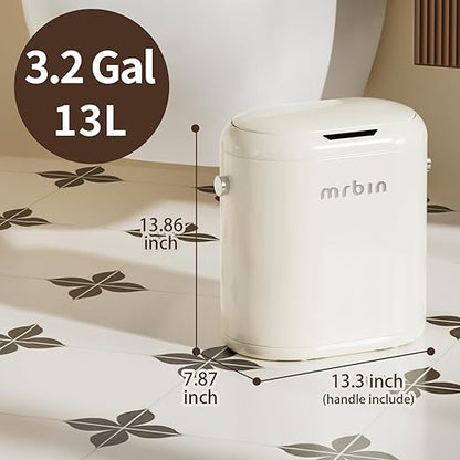 MRBIN Automatic Adsorption Metal Trash Can for Bathroom, Touchless Garbage Bin with Lid, 3.2 Gallon Slim Trash Can for Office and Bedroom, Electric Motion Sensor Waste Basket, Cream White