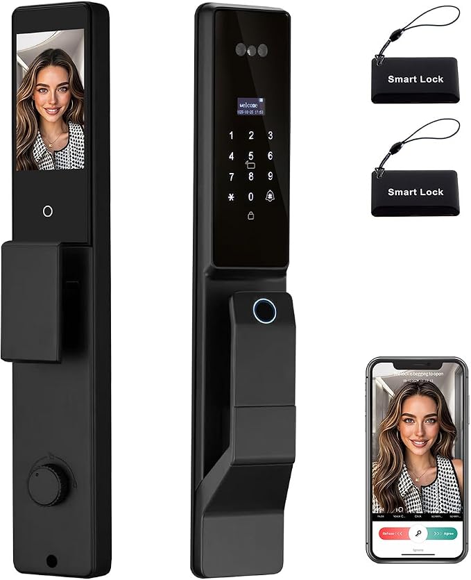 3D Facial Recognition Smart Door Lock with Palm Vein Recognition, 8-in-1 Keyless Entry System, High-Definition Video Screen, Fingerprint, Ic Card, App-Based Remote Unlocking, Wi-Fi, Auto-Lock