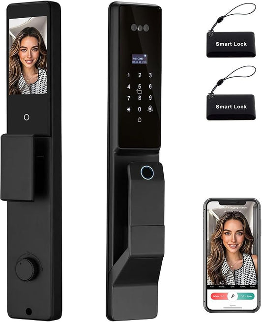 3D Facial Recognition Smart Door Lock with Palm Vein Recognition, 8-in-1 Keyless Entry System, High-Definition Video Screen, Fingerprint, Ic Card, App-Based Remote Unlocking, Wi-Fi, Auto-Lock