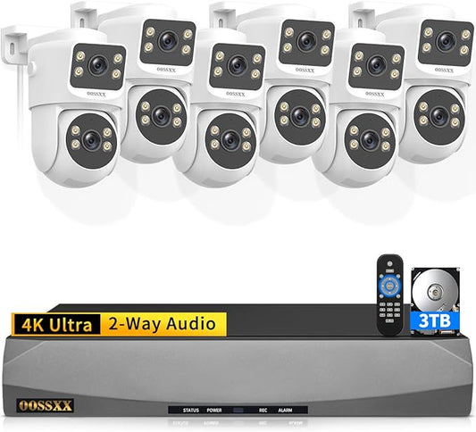 OOSSXX (2026 New) 4K PoE Security Camera System, 8CH NVR with 6 Dual Lens Cameras, Fixed + PTZ Auto Tracking, 130° Wide Angle, AI Human Detection, 2-Way Audio, No Monthly Fee