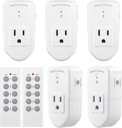 BN-LINK Wireless Remote Control Outlet Electrical Switch for Lights, Fans, Christmas Lights, Small Appliance, 100ft Long Range White (Learning Code, 5Rx-2Tx) 1200W/10A, ETL & FCC Certified
