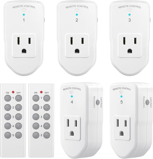 BN-LINK Wireless Remote Control Outlet Electrical Switch for Lights, Fans, Christmas Lights, Small Appliance, 100ft Long Range White (Learning Code, 5Rx-2Tx) 1200W/10A, ETL & FCC Certified