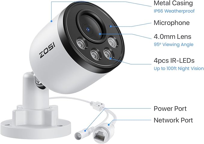 ZOSI 4K PoE Add on Security Camera,8MP Indoor Outdoor Bullet CCTV Surveillance IP Camera with Person Vehicle Detection,One-Way Audio,Metal Housing,Only Compatible with Same Brand 8MP/4K POE NVR