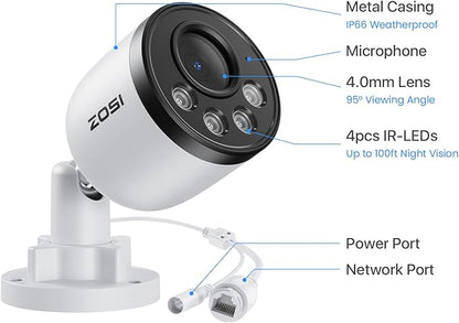 ZOSI 4K PoE Add on Security Camera,8MP Indoor Outdoor Bullet CCTV Surveillance IP Camera with Person Vehicle Detection,One-Way Audio,Metal Housing,Only Compatible with Same Brand 8MP/4K POE NVR