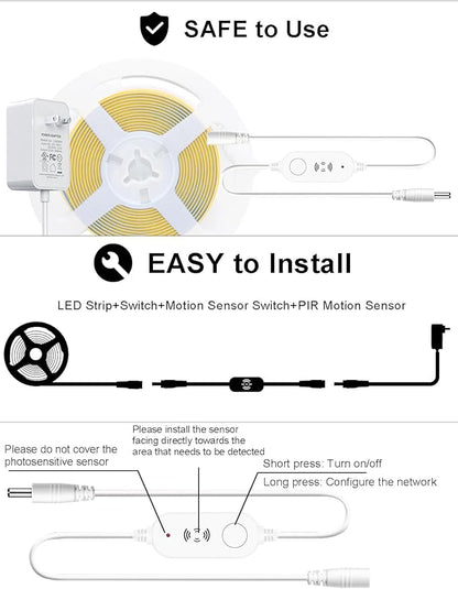Warm White 2700K Smart COB LED Strip Light 9.85ft with Radar Motion Sensor, WiFi APP Control Dimmable Flexible LED Tape Light Timed for Google Home Alexa for Cabinets,Home&Office DIY Lighting