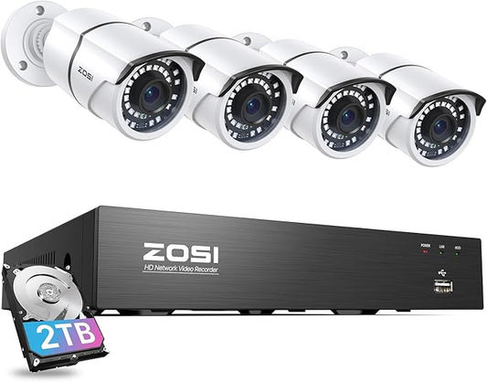 ZOSI 8CH 5MP 2K+ PoE Security Cameras System Outdoor with 2TB Hard Drive,H.265+ 5MP 8Channel NVR System and 4pcs Wired 5MP IP67 Weatherproof 120ft Night Vision PoE IP Cameras for 24/7 Recording