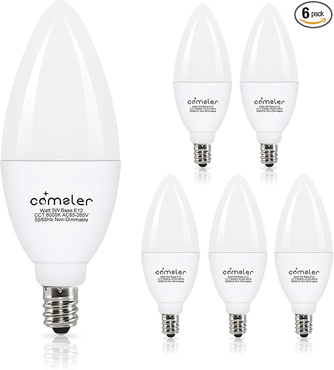 comzler E12 Ceiling Fan Light Bulbs, 5 Watt 60 Watt Equivalent LED Candelabra Bulbs, Cool Daylight 6000K Chandelier Light Bulbs, Candle Bulb Small Base for Chandelier, Non-Dimmable, 6 Pack