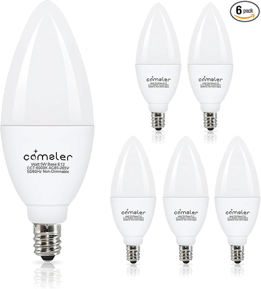 comzler E12 Ceiling Fan Light Bulbs, 5 Watt 60 Watt Equivalent LED Candelabra Bulbs, Cool Daylight 6000K Chandelier Light Bulbs, Candle Bulb Small Base for Chandelier, Non-Dimmable, 6 Pack