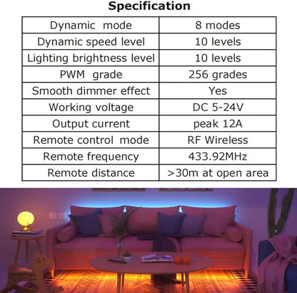 2 Pack LED Light Strip Remote Control Mini RF Wireless LED Controller Single Color 3528 5050 LED Strip Lights Dimmer Switch Control Brightness Flashing Mode DC 12V 24V LED Bar Ribbon Shelf Lights