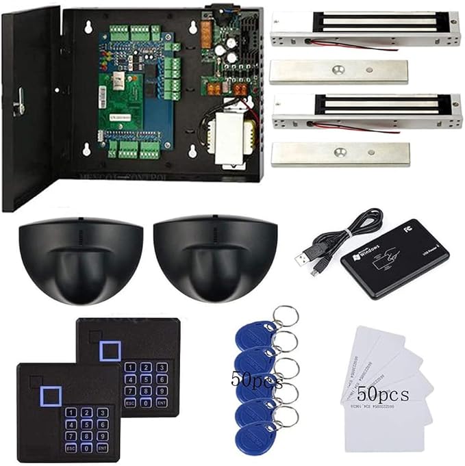 Magnetic Lock Exit Motion Sensor 2 Doors TCP/IP Access Control System Keypad Reader Control Board 110V Power Supply Box USB Enroll Reader RFID Card/Key Fob(Phone APP Remote Open Door)