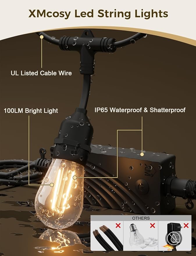 XMCOSY+ Outdoor String Lights, 98FT Smart Dimmable Edison Bulb Patio Lights | Smart App & Voice Control LED String Lights, Custom Schedules, Dimming, Warm White Light for Outside, Yard,Porch, Warerproof