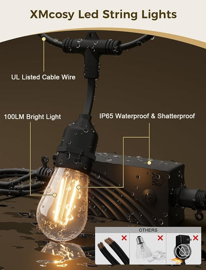 XMCOSY+ Outdoor String Lights, 49FT Smart Dimmable Edison Bulb Patio Lights | Smart App & Voice Control LED String Lights, Custom Schedules, Dimming, Warm White Light for Outside, Yard,Porch, Warerproof