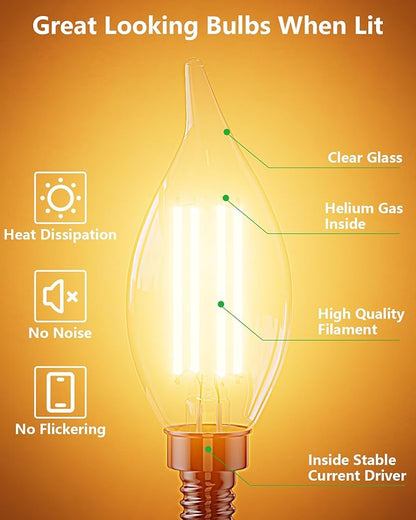 CYLYT Dimmable E12 Candelabra LED Light Bulbs 60 watt Equivalent, 2700K Warm White Chandelier Candle Bulb, 6W 650 Lumen Decorative Flame Tip Clear Bulbs, 12-Pack