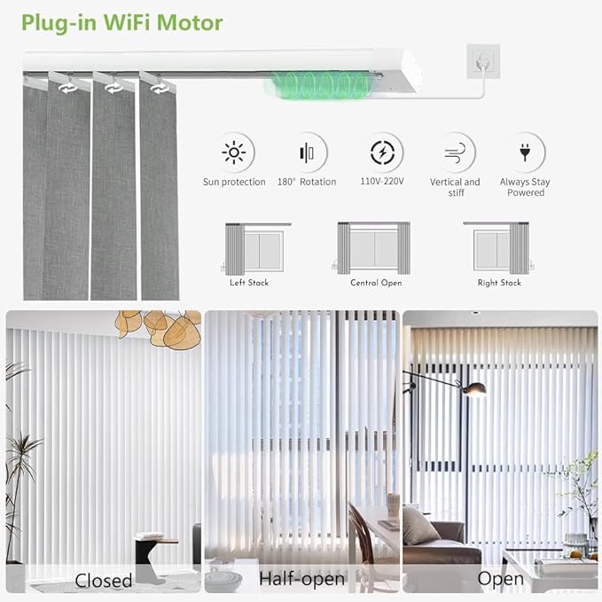 Motorized Vertical Blind Compatible with Alexa Google Home，Smart Vertical Blind Remote Control Privacy Reversible Blackout Blinds for Patio Sliding Glass Door Customize White