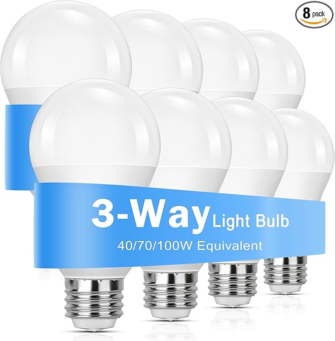 3 Way Light Bulbs 40 70 100W Equivalent, 4/8/12W LED Dimmable Three Way Light Bulb, Daylight White 5000K A19 3 Way Bulbs, E26 Medium Base, 8-Pack Three Way Light Bulbs for Reading, Living Room Bedroom