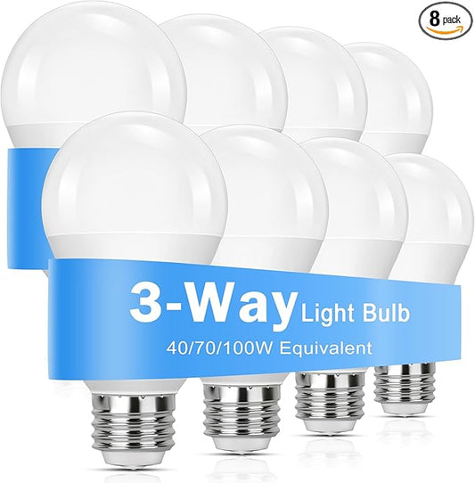 3 Way Light Bulbs 40 70 100W Equivalent, 4/8/12W LED Dimmable Three Way Light Bulb, Daylight White 5000K A19 3 Way Bulbs, E26 Medium Base, 8-Pack Three Way Light Bulbs for Reading, Living Room Bedroom