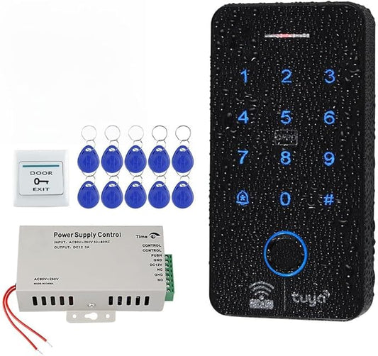 WiFi Tuya Smart Fingerprint Access Control System IP68 Waterproof Biometrics RFID Keypad 125KHz 13.56MHz + DC12V 3A Power Supply + 10pcs RFID Keyfobs (Without Electric Locks)
