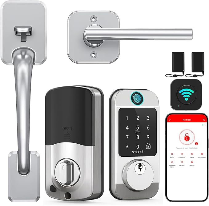 SMONET Smart Front Door Lock Set - Fingerprint Keyless Entry Door Lock Deadbolt with Handle Set Smart WiFi Deadbolt, Digital Keypad Auto Lockset with Code Fob App Compatible with Alexa Silver