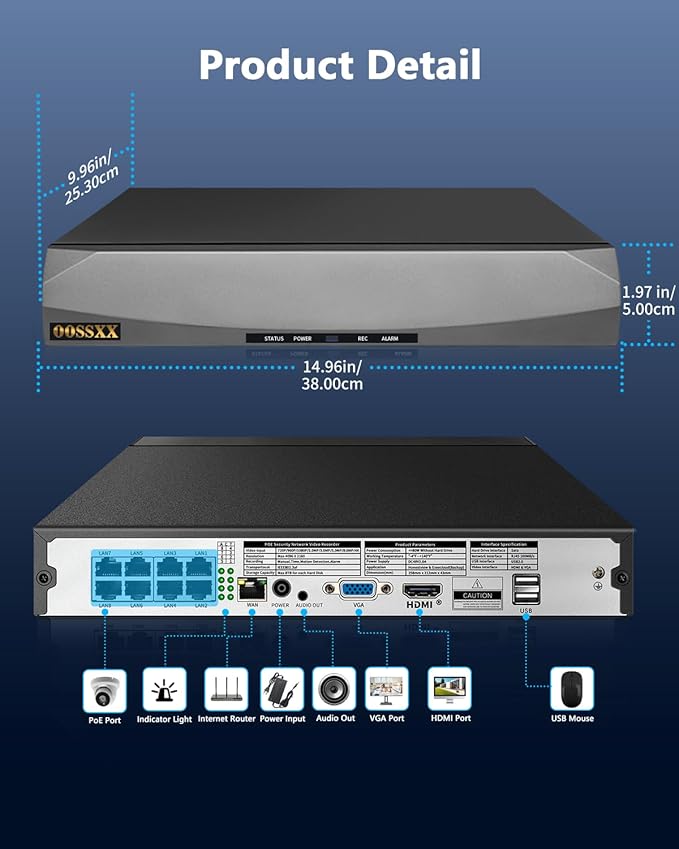 OOSSXX 8.0/4K Megapixel Security POE NVR Network Video Recorder, Supports up to 8MP/4K IP Cameras, Max to 8TB Hard Drive (16-Channel No HDD)