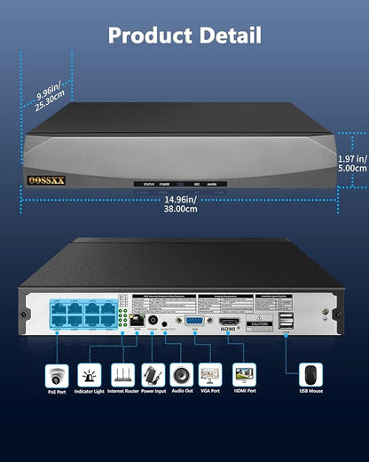 OOSSXX 8.0/4K Megapixel Security POE NVR Network Video Recorder, Supports up to 8MP/4K IP Cameras, Max to 8TB Hard Drive (16-Channel No HDD)