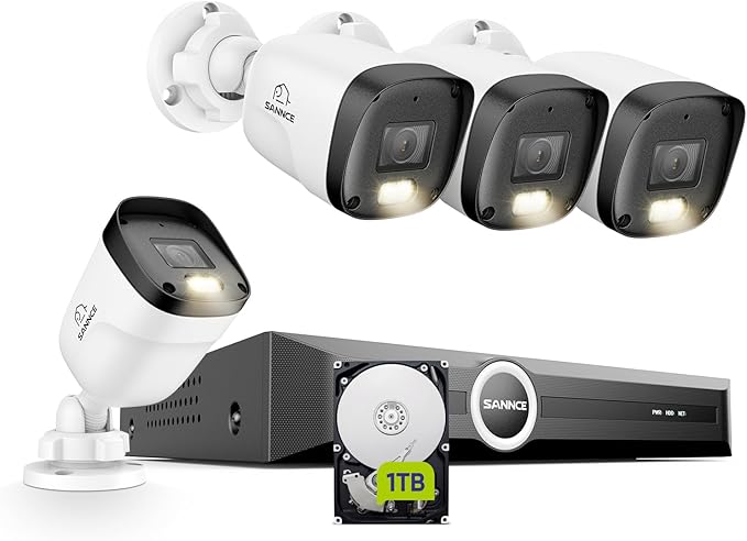 SANNCE 2K 3MP PoE Security Camera System - 8CH 6MP Surveillance NVR with 4PCS 3MP HD Weatherproof Cameras with H.265 Video Compression, Clear Full Color Night Vision, Audio Recording (1TB HDD)
