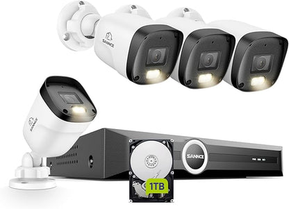 SANNCE 2K 3MP PoE Security Camera System - 8CH 6MP Surveillance NVR with 4PCS 3MP HD Weatherproof Cameras with H.265 Video Compression, Clear Full Color Night Vision, Audio Recording (1TB HDD)