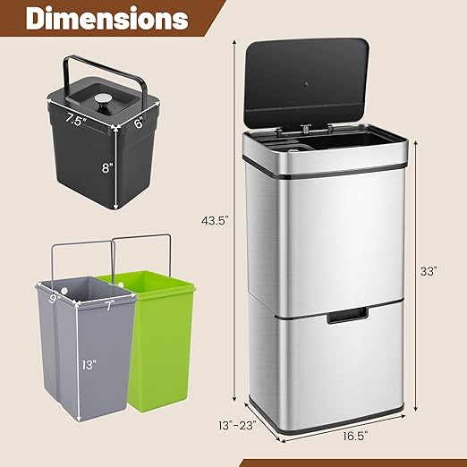 Goplus 19 Gal Motion Sensor Trash Can, 72 L Volume in 4 Containers, Touchless Trash Bin w/Kitchen Waste Bin & 2 Bottom Recycling Bins, Stainless Steel Garbage Can w/Soft Close Lid, Battery Operated