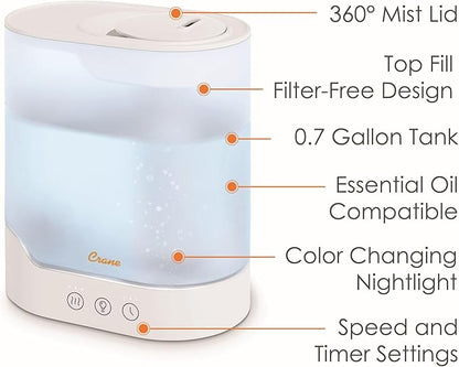 Crane 0.7 Gallon Top Fill Cool Mist Humidifier and Aroma Diffuser, with Color-Changing Night Light and Aroma Diffuser Function, Humidifier For Bedroom, Office or Nursery