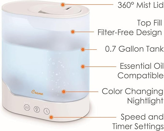 Crane 0.7 Gallon Top Fill Cool Mist Humidifier and Aroma Diffuser, with Color-Changing Night Light and Aroma Diffuser Function, Humidifier For Bedroom, Office or Nursery