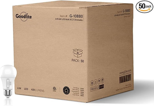 Goodlite A19 LED Bulb, 5 Color Selectable 3000K-3500K-4100K-5000K-6500K, 450 Lumens, 6W (40W Equivalent), High CRI, 5% Dimmable, UL Listed, Enclosed Fixtures & Damp Rated, 15,000 Hrs. 50ct (G-10880)