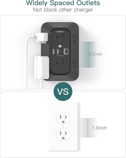 Addtam 6-Outlet Extender Surge Protector, Multi Plug Wall Outlet with 4 USB Wall Charger(PD 30W), Plug Extension Outlet with 1800J, Outlet Splitter Power Strip for Home Office, Black