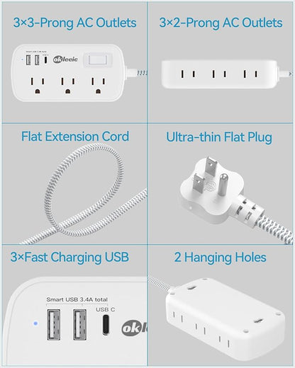 Short Extension Cord 1 ft - Flat Plug Small Power Strip Surge Protetor with 6 Outlets 3 USB (5V/3.4A 17W) Charging Ports, Multi Plug Wall Outlet Splitter for Home Office Dorm Roomc, White