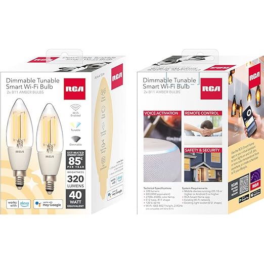 RCA WiFi Smart Light Bulbs Alexa Devices Compatible, Google Home, Amber B11 Vintage LED Light Bulb, 4W (40W Eq), 320 Lumens Dimmable LED Light Bulbs, Control with Smartphone, Tunable