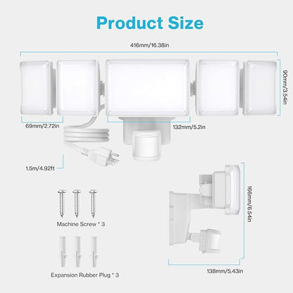 Olafus 180W Motion Sensor Outdoor Light Plug in, 18000LM Motion Flood Light Dusk to Dawn, IP65 Waterproof Exterior LED Security Lights, 5 Heads Motion Detector Yard Lights for Garage Backyard - White