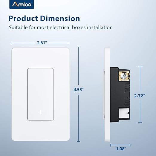 Amico Smart Wi-Fi Switch, 1 Pack, Light Switch Controlled by App, Single-Pole, Voice Control Compatible, Timer & Countdown, LED Indicator, Neutral Wire Required, ETL Listed