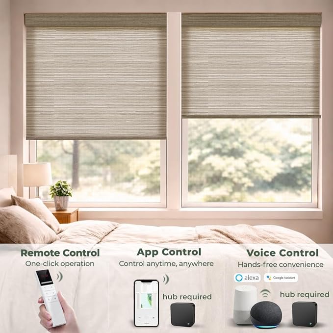ZSHINE Motorized Linen-Look Roller Shades for Windows, Rechargeable Smart Light Filtering Blinds Compatible with Alexa (82190E)