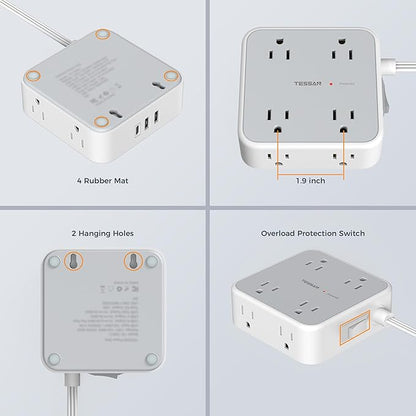 TESSAN Surge Protector Power Strip, 5 Ft Flat Plug Extension Cord with 3 USB (1 USB C) 8 Outlets, 1250W, 900J Protection, 3 Sided Outlet Extender with Ring Plug for Office, Dorm Room, Grey
