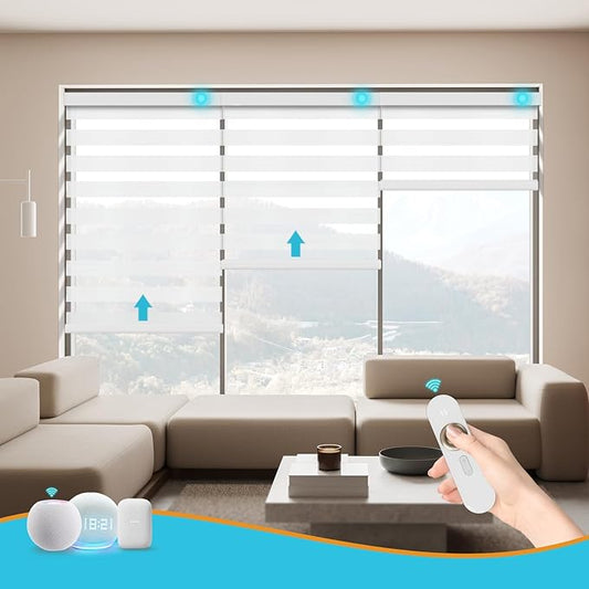 Motorized Zebra Blinds with Remote Smart Blind Work with Homekit Alexa SmartThings Electric Day and Night Shade Cordless Automatic Solar Powered Window Shade Customize(White)