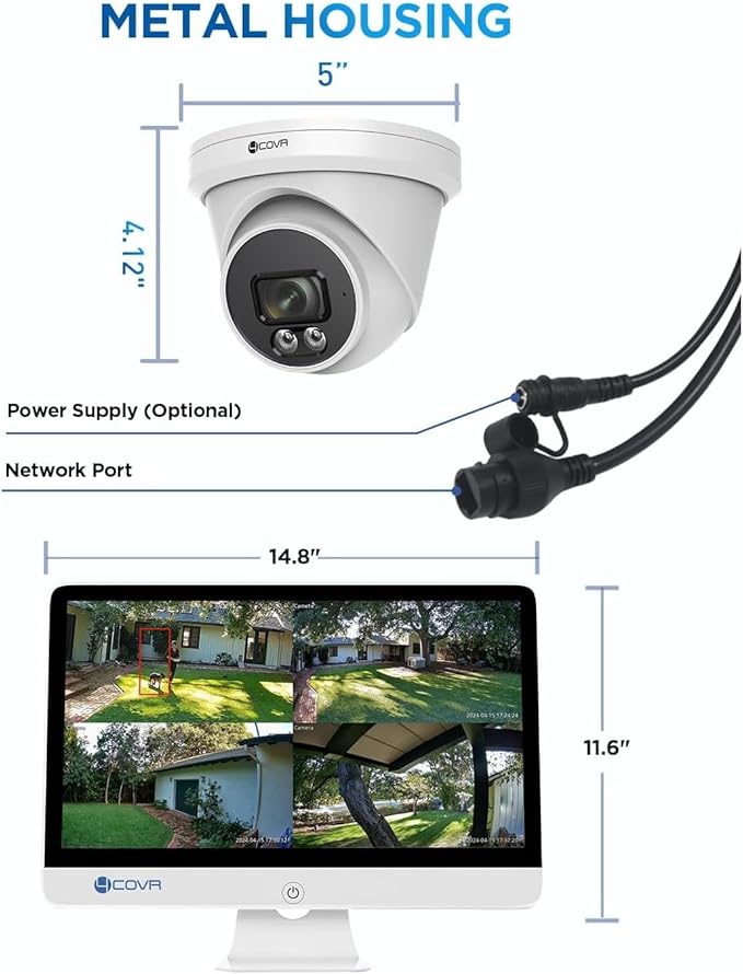 4COVR PoE Security Camera System with Monitor, 8 Channel 8MP H.265 Ultra HD NVR with Screen Pre-Installed 2TB HDD, 4Pcs IR Dome Wired 5MP IP Camera IP67, Person Vehicle Detection, LY97SA5MU804
